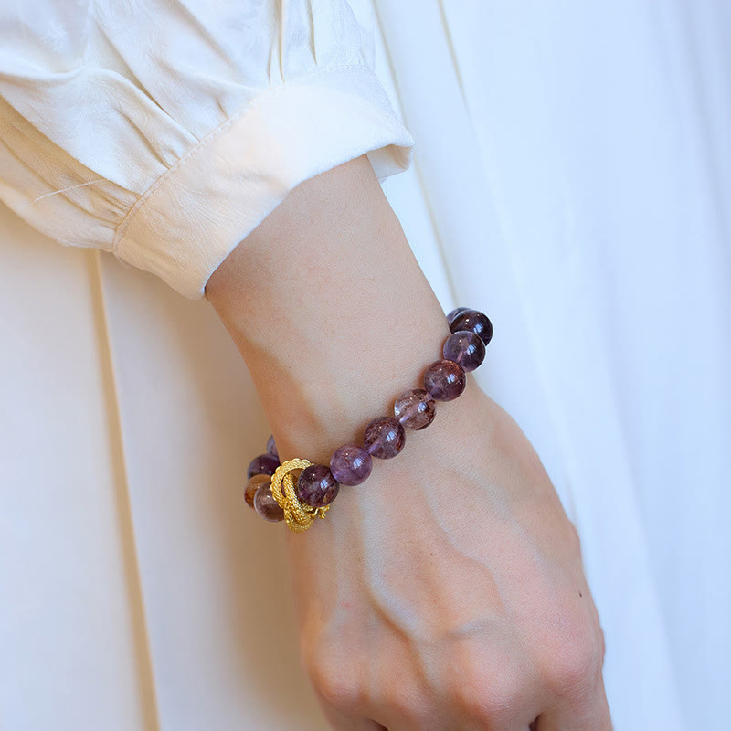 Braccialetto della saggezza del drago placcato oro in rame fantasma viola Buddha Stones