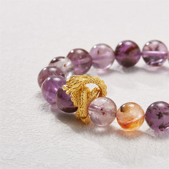 Braccialetto della saggezza del drago placcato oro in rame fantasma viola Buddha Stones