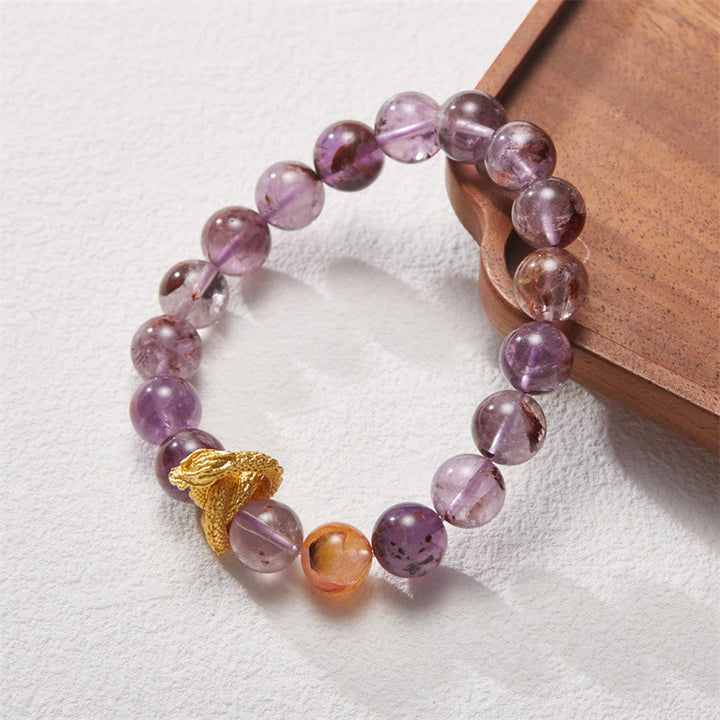 Braccialetto della saggezza del drago placcato oro in rame fantasma viola Buddha Stones