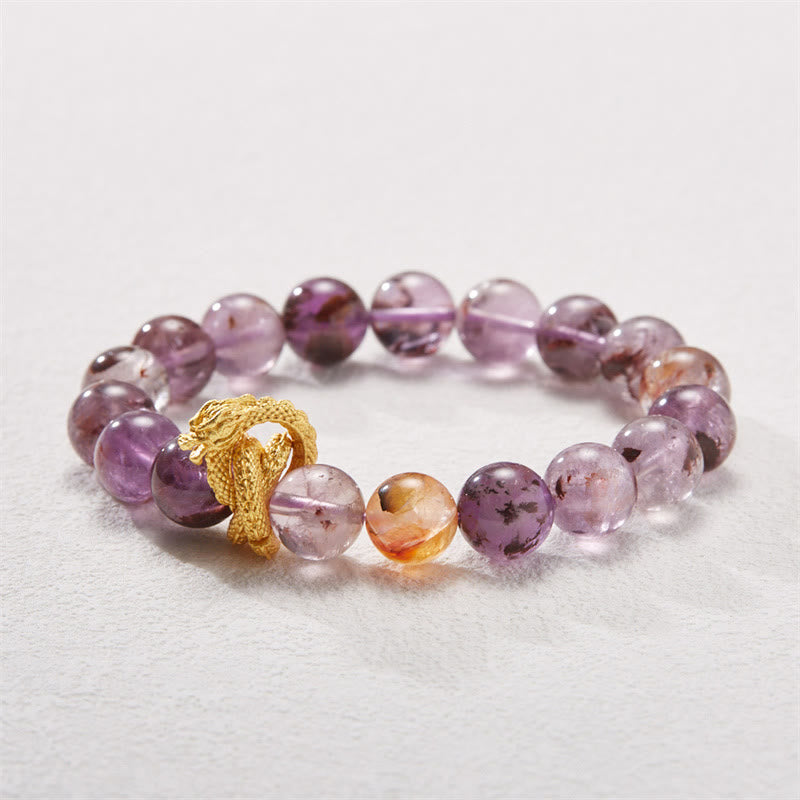 Braccialetto della saggezza del drago placcato oro in rame fantasma viola Buddha Stones