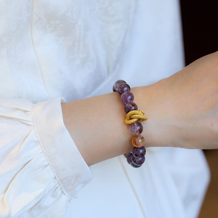 Braccialetto della saggezza del drago placcato oro in rame fantasma viola Buddha Stones