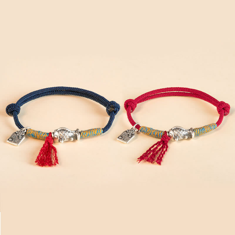 Braccialetto di protezione per pesci koi portafortuna in corda rossa in argento sterling 999 Buddha Stones - image 13