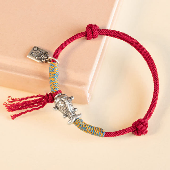 Braccialetto di protezione per pesci koi portafortuna in corda rossa in argento sterling 999 Buddha Stones - image 2