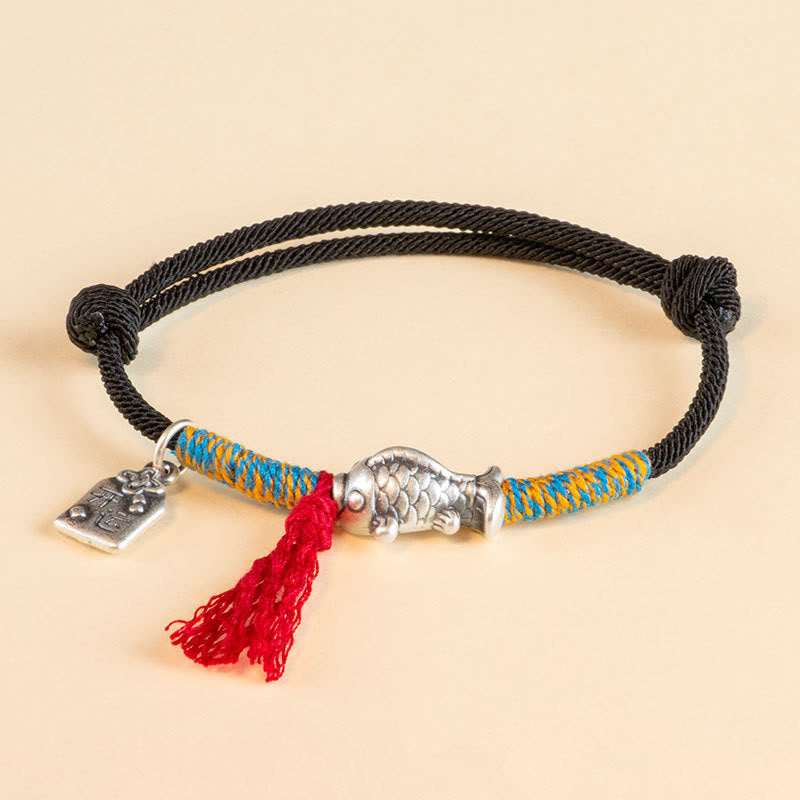Braccialetto di protezione per pesci koi portafortuna in corda rossa in argento sterling 999 Buddha Stones - Nero (circonferenza polso 14-18 cm) - image 15
