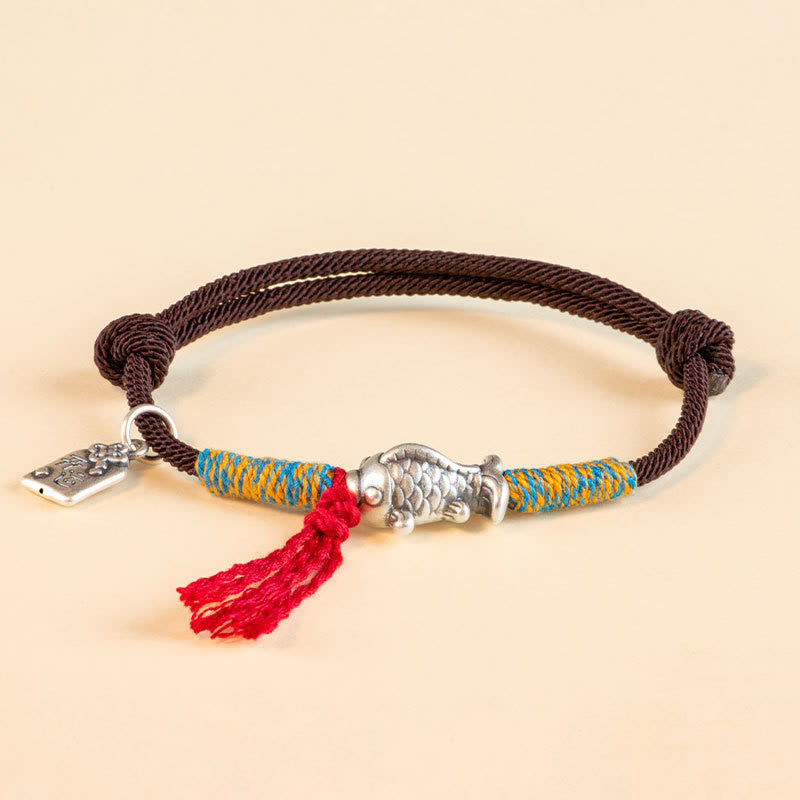 Braccialetto di protezione per pesci koi portafortuna in corda rossa in argento sterling 999 Buddha Stones - Marrone (circonferenza del polso 14-18 cm) - image 14