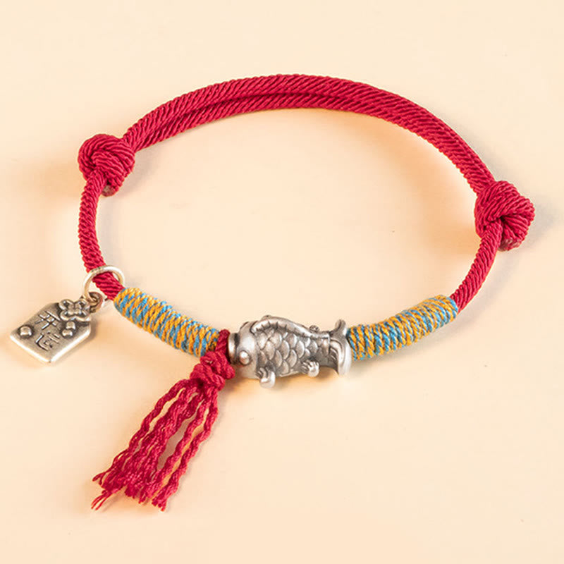 Braccialetto di protezione per pesci koi portafortuna in corda rossa in argento sterling 999 Buddha Stones - Rosso (circonferenza del polso 14-18 cm) - image 0
