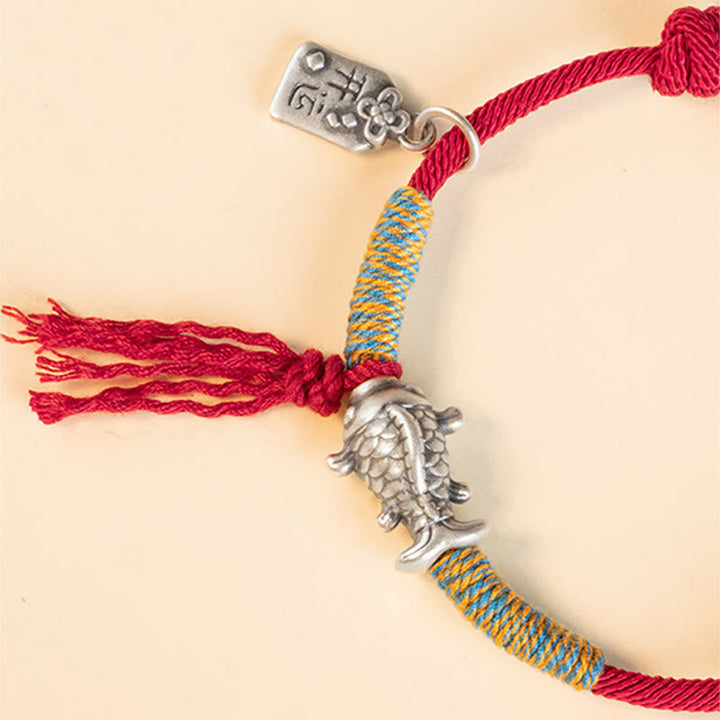 Braccialetto di protezione per pesci koi portafortuna in corda rossa in argento sterling 999 Buddha Stones - image 4