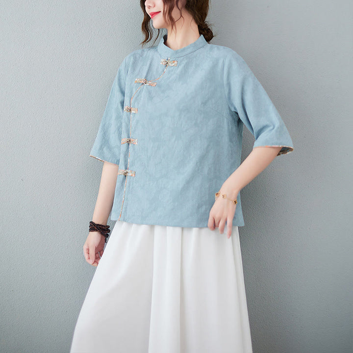 Camicia in cotone e lino a mezza manica con motivo floreale Buddha Stones Frog-Bottone - BluAcciaioChiaro - 2XL(adatto per US8-10; UK/AU12-14; EU40-42) - image 8
