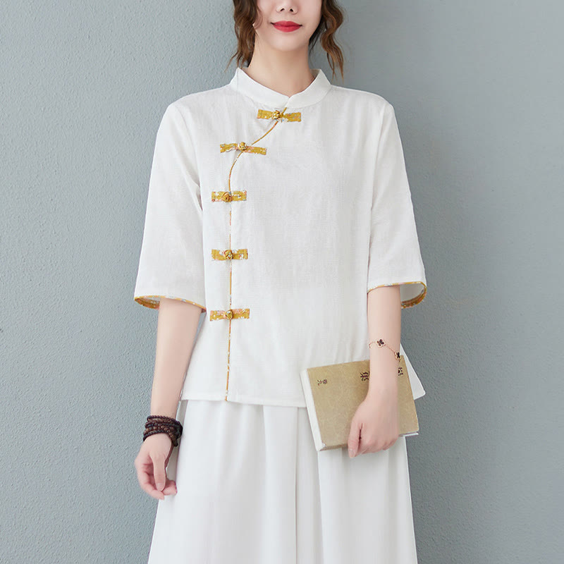 Camicia in cotone e lino a mezza manica con motivo floreale Buddha Stones Frog-Bottone - Bianco - 2XL(adatto per US8-10; UK/AU12-14; EU40-42) - image 3
