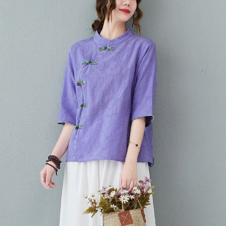 Camicia in cotone e lino a mezza manica con motivo floreale Buddha Stones Frog-Bottone - Viola medio - 2XL(adatto per US8-10; UK/AU12-14; EU40-42) - image 7