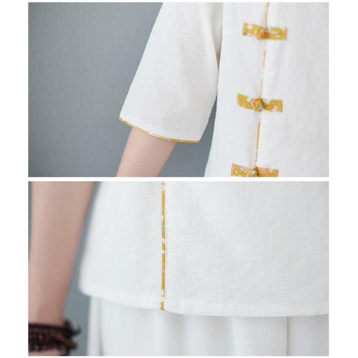 Camicia in cotone e lino a mezza manica con motivo floreale Buddha Stones Frog-Bottone - image 5