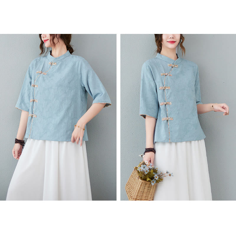 Camicia in cotone e lino a mezza manica con motivo floreale Buddha Stones Frog-Bottone - image 9