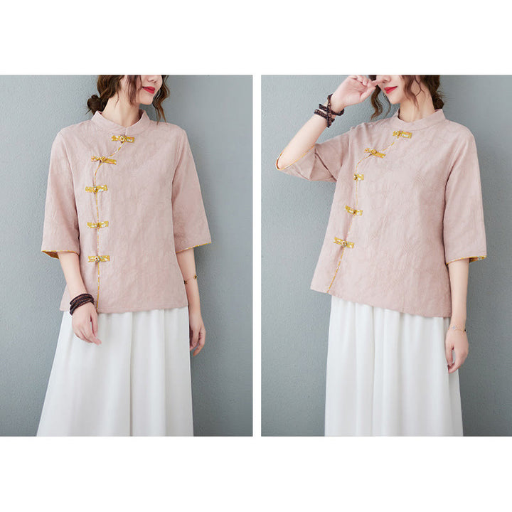 Camicia in cotone e lino a mezza manica con motivo floreale Buddha Stones Frog-Bottone - image 1