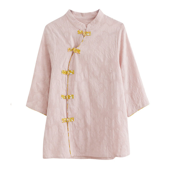 Camicia in cotone e lino a mezza manica con motivo floreale Buddha Stones Frog-Bottone - image 2