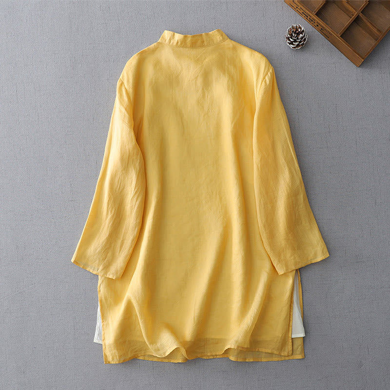 Camicia a maniche a tre quarti con doppio strato e bottoni a rana, tinta unita, con Buddha Stones. - image 6