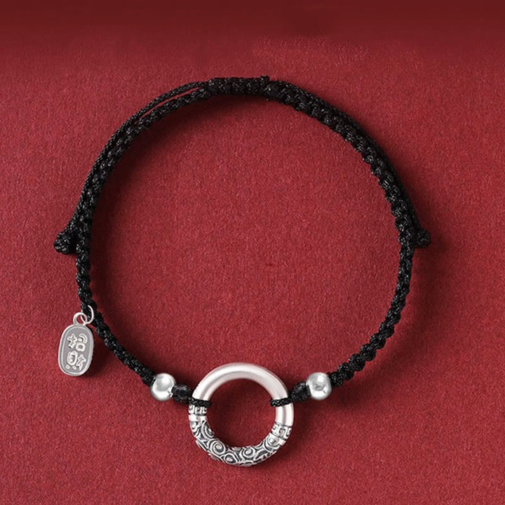 Bracciale con ciondolo a forma di personaggio Fu con fibbia della pace in argento sterling 925 e onice nero Buddha Stones - Fibbia della pace e perline d'argento che attraggono la fortuna (circonferenza del polso 14-26 cm) - image 1