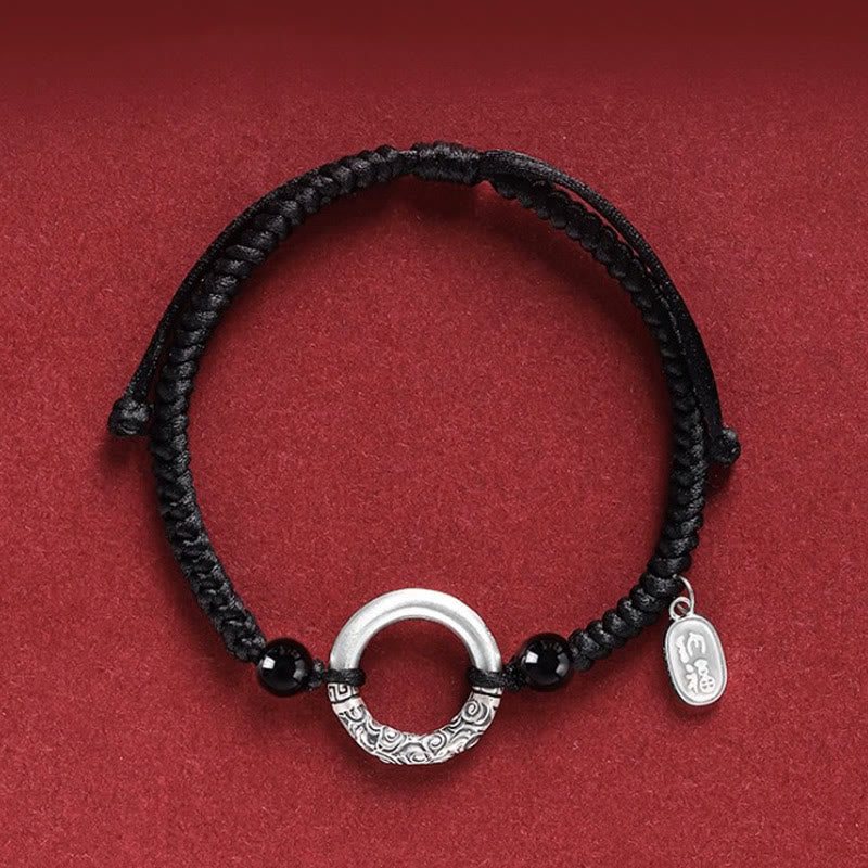 Bracciale con ciondolo a forma di personaggio Fu con fibbia della pace in argento sterling 925 e onice nero Buddha Stones - Fibbia della pace e ciondolo in agata con personaggio Fu (circonferenza polso 14-26 cm) - image 2