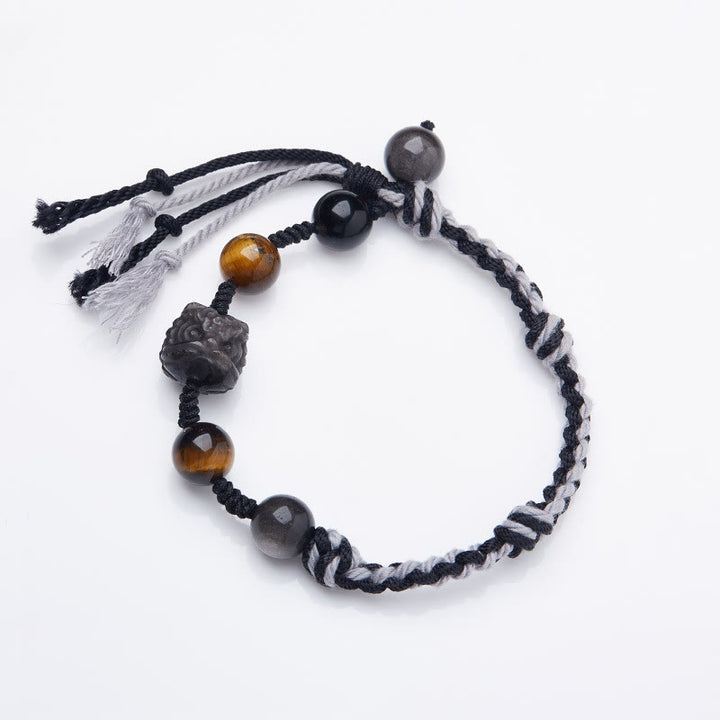Braccialetto di protezione in corda Buddha Stones, fluorite naturale, ametista, argento lucido, ossidiana e occhio di tigre