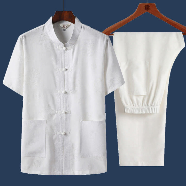 Buddha Stones 2 pezzi Rana-Pulsante Fu Carattere Drago Foglia di bambù Camicia a maniche corte Pantaloni Set da uomo - Bianco - Drago - US/UK/AU46, EU56 (4XL) - image 8