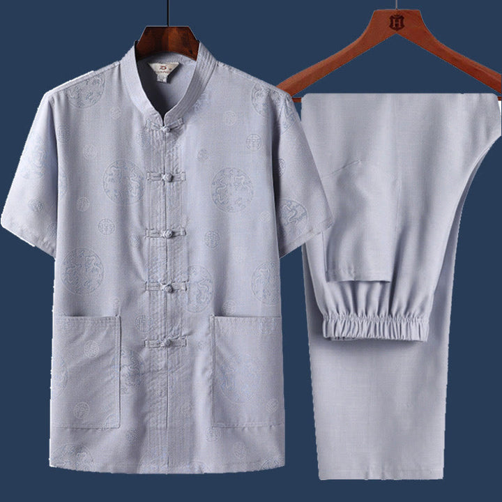 Buddha Stones 2 pezzi Rana-Pulsante Fu Carattere Drago Foglia di bambù Camicia a maniche corte Pantaloni Set da uomo - Azzurro chiaro - Drago - US/UK/AU46, EU56 (4XL) - image 3