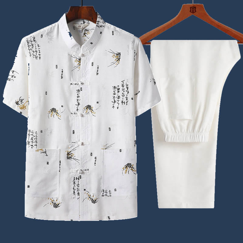 Buddha Stones 2 pezzi Rana-Pulsante Fu Carattere Drago Foglia di bambù Camicia a maniche corte Pantaloni Set da uomo - Bianco - Foglia di bambù - US/UK/AU46, EU56 (4XL) - image 12