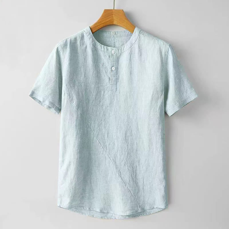 Camicia estiva da uomo con bottoni a tinta unita e maniche corte in cotone e lino Buddha Stones - Azzurro polvere - US/UK/AU48, EU58 (4XL) - image 9