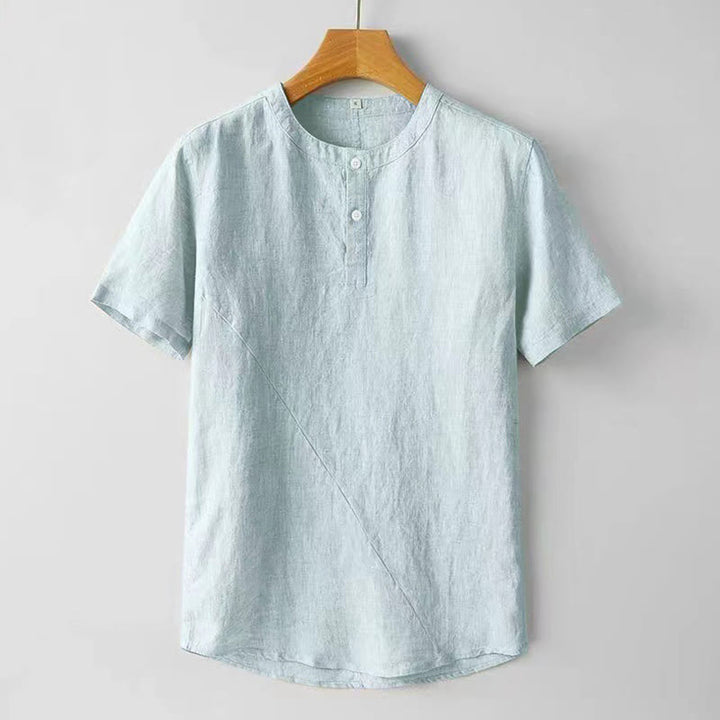 Camicia estiva da uomo con bottoni a tinta unita e maniche corte in cotone e lino Buddha Stones - Azzurro polvere - US/UK/AU48, EU58 (4XL) - image 9