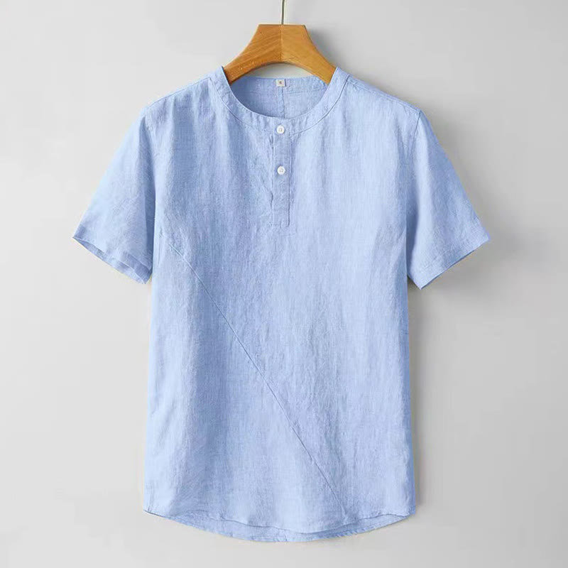 Camicia estiva da uomo con bottoni a tinta unita e maniche corte in cotone e lino Buddha Stones - Azzurro cielo chiaro - US/UK/AU48, EU58 (4XL) - image 8