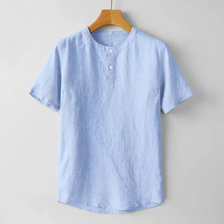 Camicia estiva da uomo con bottoni a tinta unita e maniche corte in cotone e lino Buddha Stones - Azzurro cielo chiaro - US/UK/AU48, EU58 (4XL) - image 8