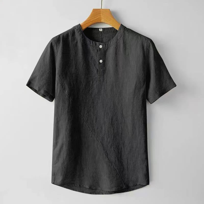 Camicia estiva da uomo con bottoni a tinta unita e maniche corte in cotone e lino Buddha Stones - Nero - US/UK/AU48, EU58 (4XL) - image 6