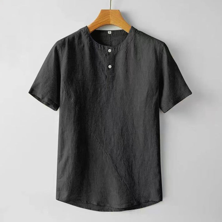Camicia estiva da uomo con bottoni a tinta unita e maniche corte in cotone e lino Buddha Stones - Nero - US/UK/AU48, EU58 (4XL) - image 6