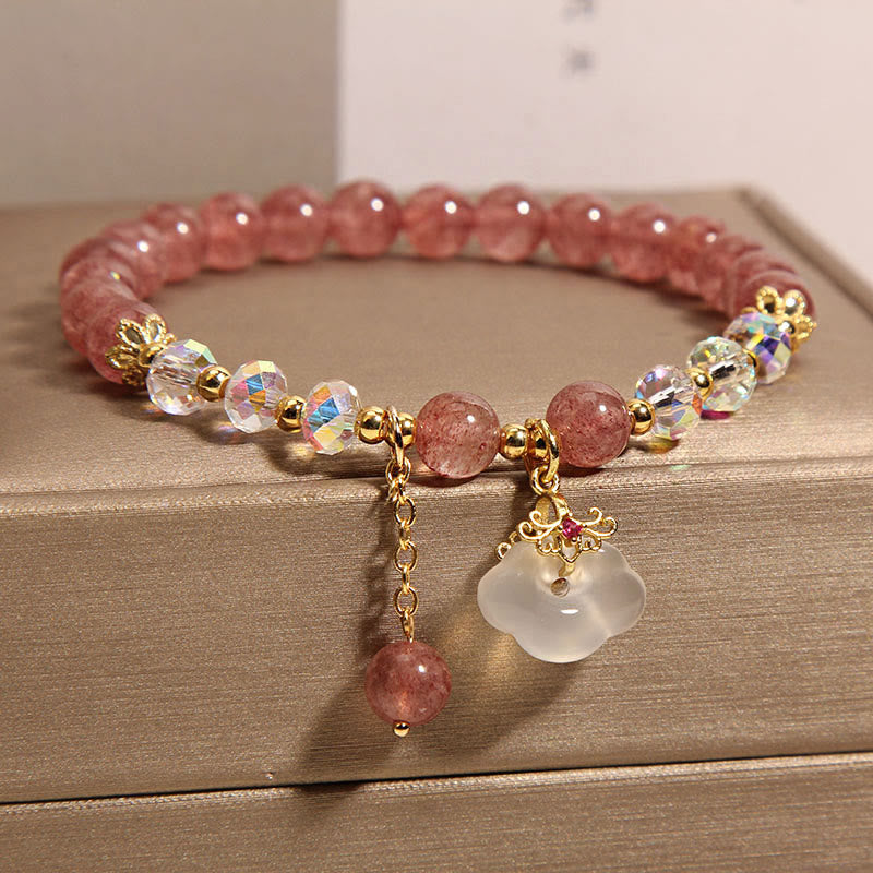 Braccialetto di guarigione con nuvola di buon auspicio in agata bianca, cristallo di quarzo fragola naturale Buddha Stones