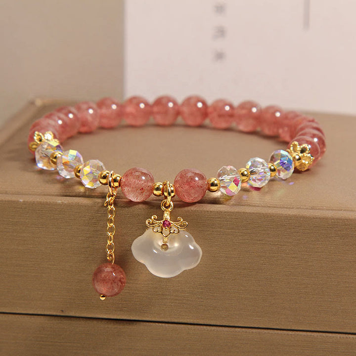 Braccialetto di guarigione con nuvola di buon auspicio in agata bianca, cristallo di quarzo fragola naturale Buddha Stones