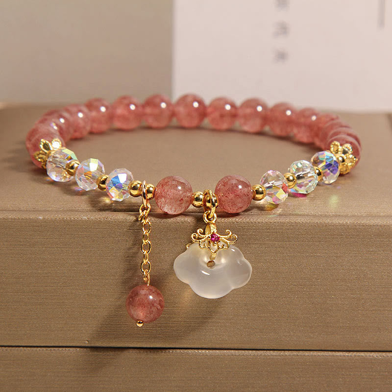 Braccialetto di guarigione con nuvola di buon auspicio in agata bianca, cristallo di quarzo fragola naturale Buddha Stones
