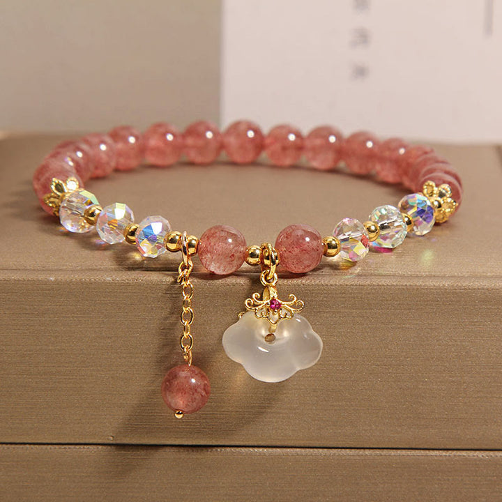 Braccialetto di guarigione con nuvola di buon auspicio in agata bianca, cristallo di quarzo fragola naturale Buddha Stones