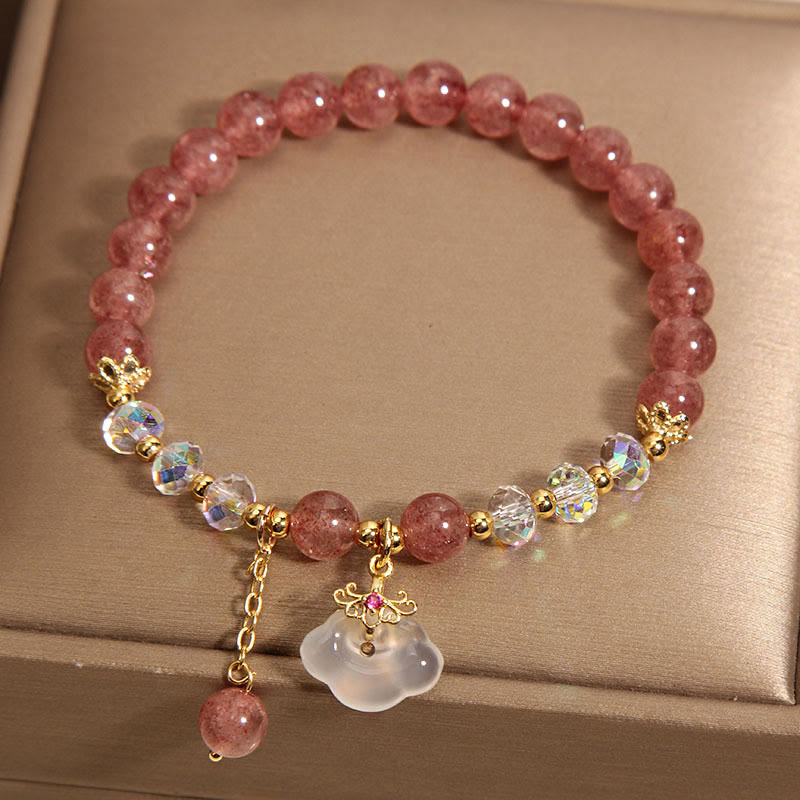 Braccialetto di guarigione con nuvola di buon auspicio in agata bianca, cristallo di quarzo fragola naturale Buddha Stones