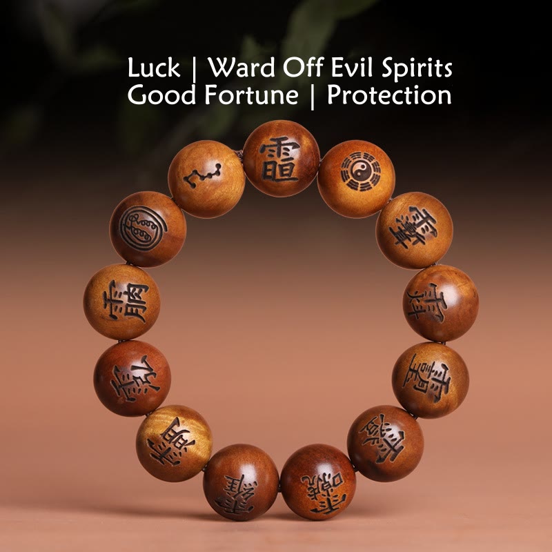 Buddha Stones Fulmine Colpito Legno di Giuggiola Yin Yang Bagua Caratteri Tabù Taoisti Braccialetto di Protezione Inciso - image 0