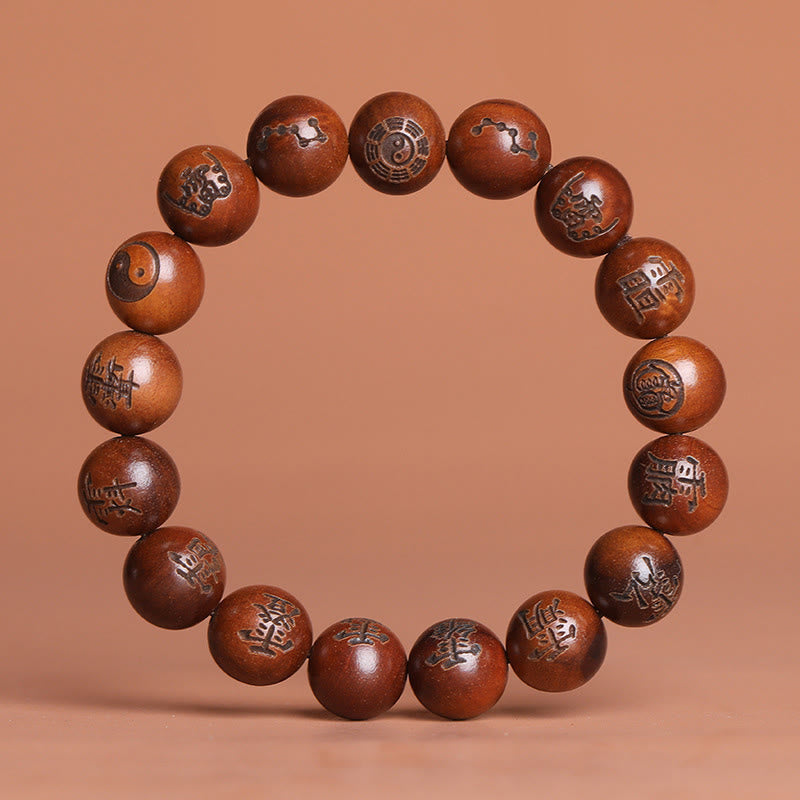 Buddha Stones Fulmine Colpito Legno di Giuggiola Yin Yang Bagua Caratteri Tabù Taoisti Braccialetto di Protezione Inciso - 12 mm (circonferenza del polso 15-17 cm) - image 1