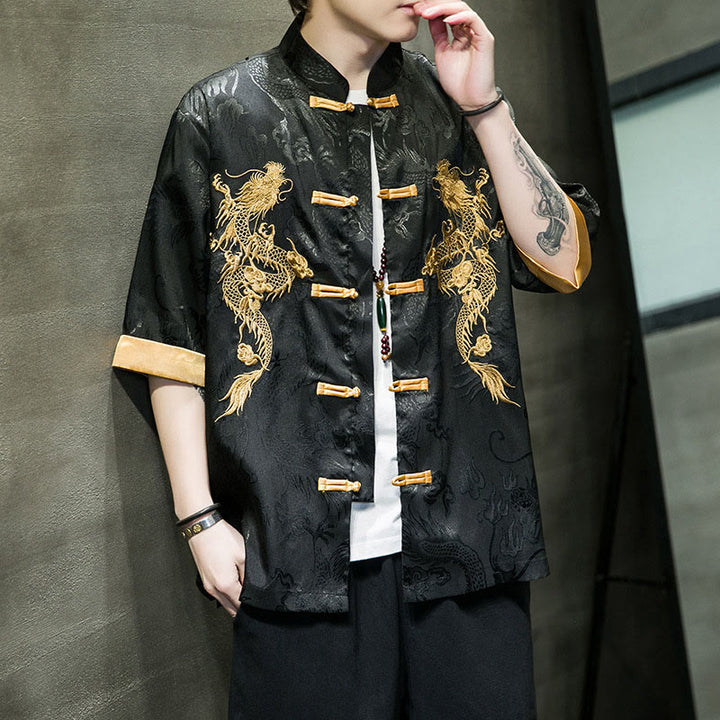 Buddha Stones Rana-Bottone Drago Cinese Ricamo Mezza Manica Camicia Lino Abbigliamento Uomo - image 4