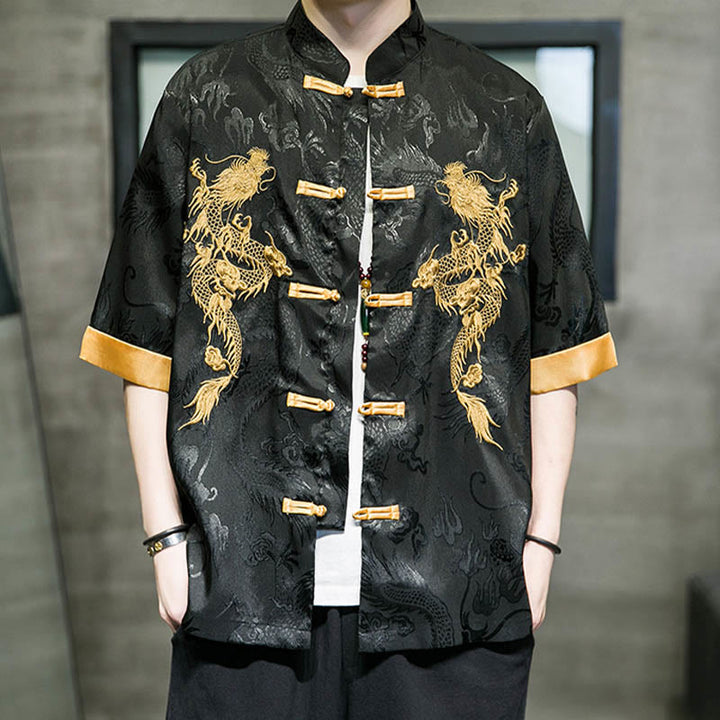 Buddha Stones Rana-Bottone Drago Cinese Ricamo Mezza Manica Camicia Lino Abbigliamento Uomo - image 5