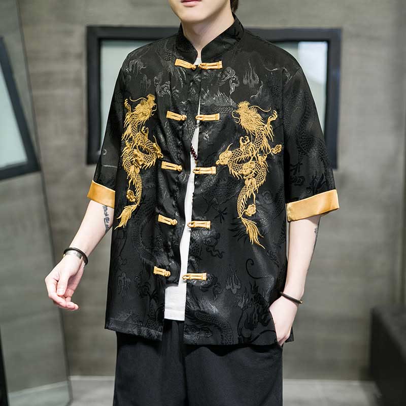 Buddha Stones Rana-Bottone Drago Cinese Ricamo Mezza Manica Camicia Lino Abbigliamento Uomo - Nero - US/UK/AU48, EU58 (5XL)  - image 0