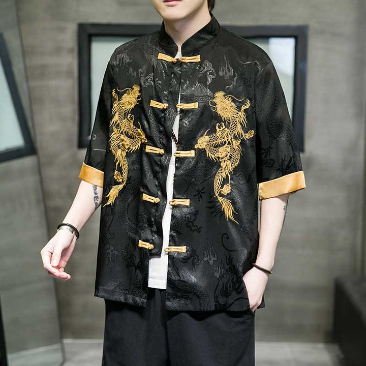 Buddha Stones Rana-Bottone Drago Cinese Ricamo Mezza Manica Camicia Lino Abbigliamento Uomo - Nero - US/UK/AU48, EU58 (5XL)  - image 0
