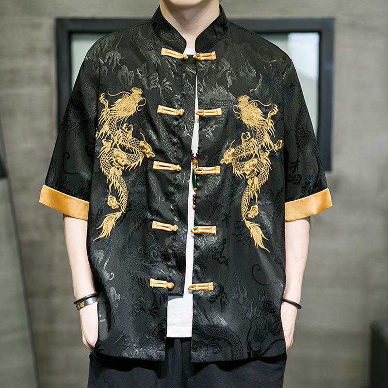 Buddha Stones Rana-Bottone Drago Cinese Ricamo Mezza Manica Camicia Lino Abbigliamento Uomo - image 1