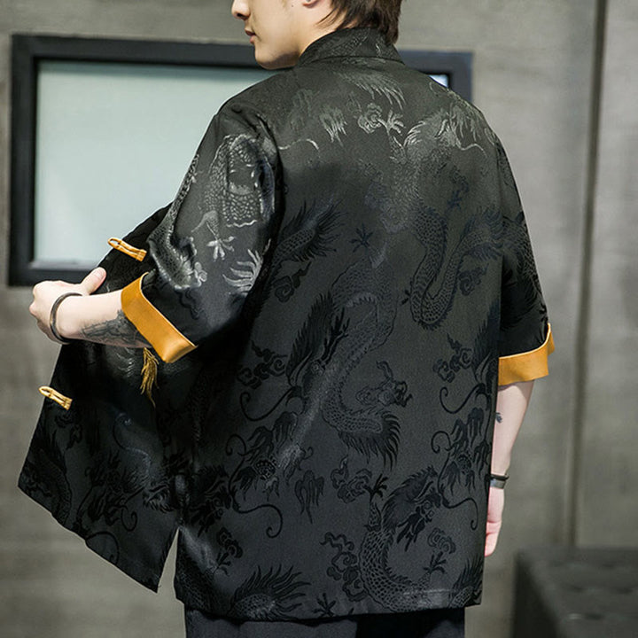 Buddha Stones Rana-Bottone Drago Cinese Ricamo Mezza Manica Camicia Lino Abbigliamento Uomo - image 2