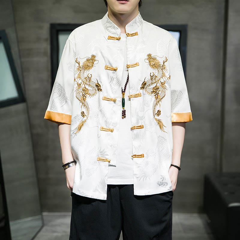 Buddha Stones Rana-Bottone Drago Cinese Ricamo Mezza Manica Camicia Lino Abbigliamento Uomo - image 12