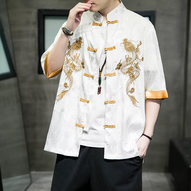 Buddha Stones Rana-Bottone Drago Cinese Ricamo Mezza Manica Camicia Lino Abbigliamento Uomo - Bianco - US/UK/AU48, EU58 (5XL)  - image 11