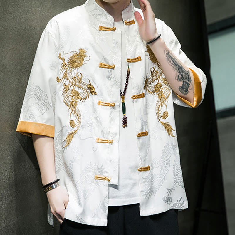 Buddha Stones Rana-Bottone Drago Cinese Ricamo Mezza Manica Camicia Lino Abbigliamento Uomo - image 16