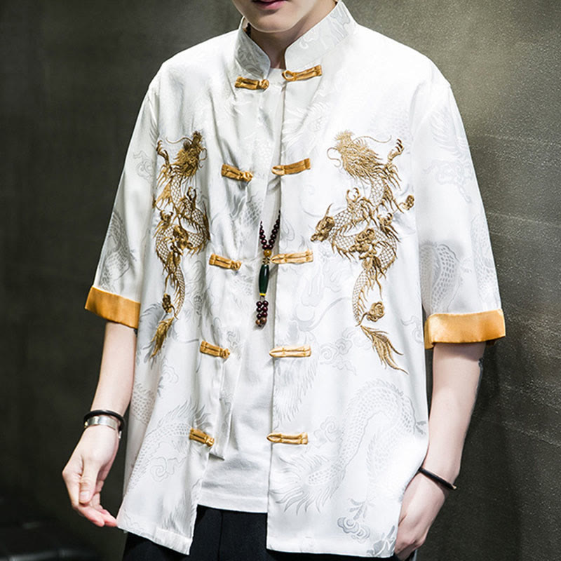 Buddha Stones Rana-Bottone Drago Cinese Ricamo Mezza Manica Camicia Lino Abbigliamento Uomo - image 18