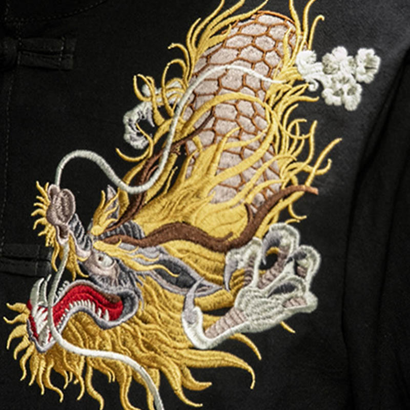 Buddha Stones Rana-Bottone Drago Cinese Nuvola di Buon Auspicio Ricamo Mezza Manica Camicia Cotone Lino Abbigliamento Uomo - image 7