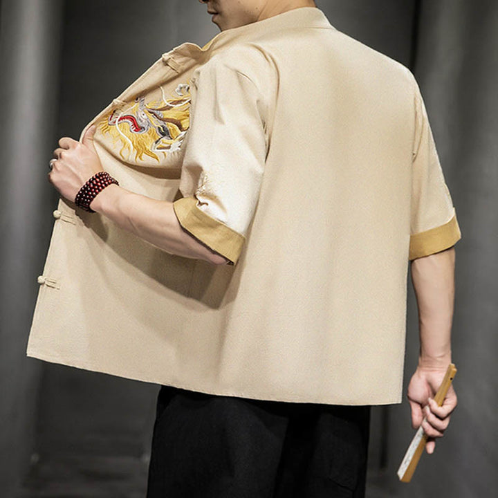 Buddha Stones Rana-Bottone Drago Cinese Nuvola di Buon Auspicio Ricamo Mezza Manica Camicia Cotone Lino Abbigliamento Uomo - image 28